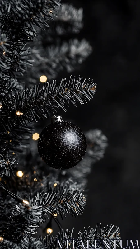 Midnight ornament glimmer on noir frost-tipped branches.