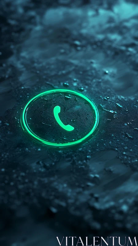 Neon phone icon glows on wet glass with teal reflections.
