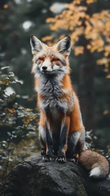 Red fox portrait on mossed rock in shallow depth woodland