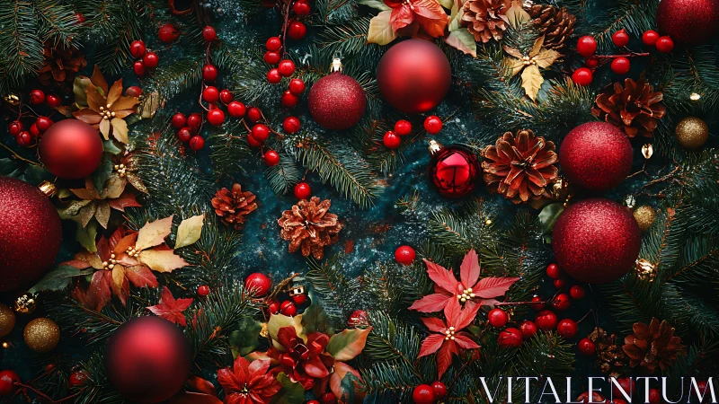 Festive red baubles and evergreen Christmas garland decor.
