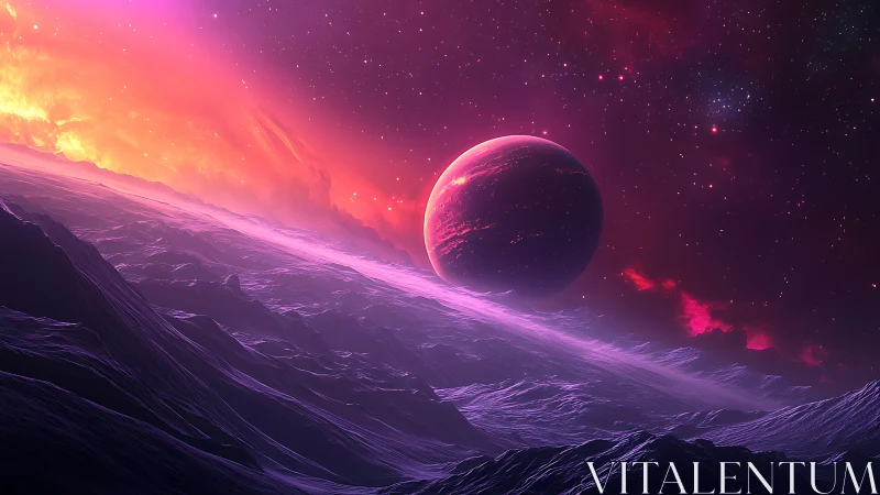 Crimson exoplanet rising above glowing violet ice ridge.
