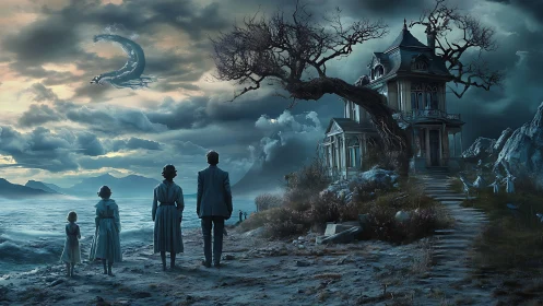 Family gazes toward a haunted shore under swirling skies.