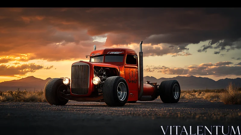 Custom red rat rod truck under dramatic desert sunset sky.