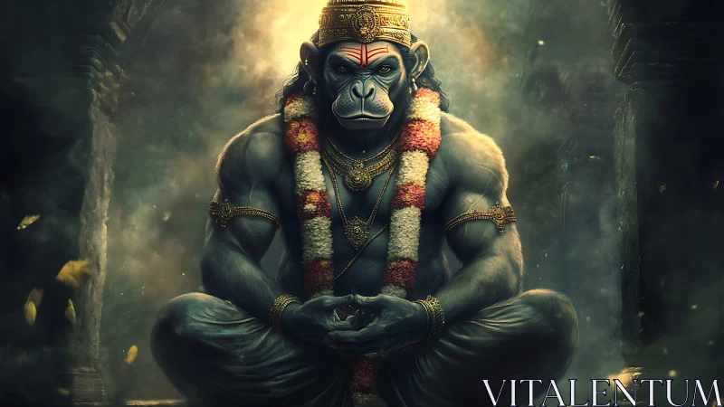 Mythic simian deity rendered with muscular anatomy and volumetric light