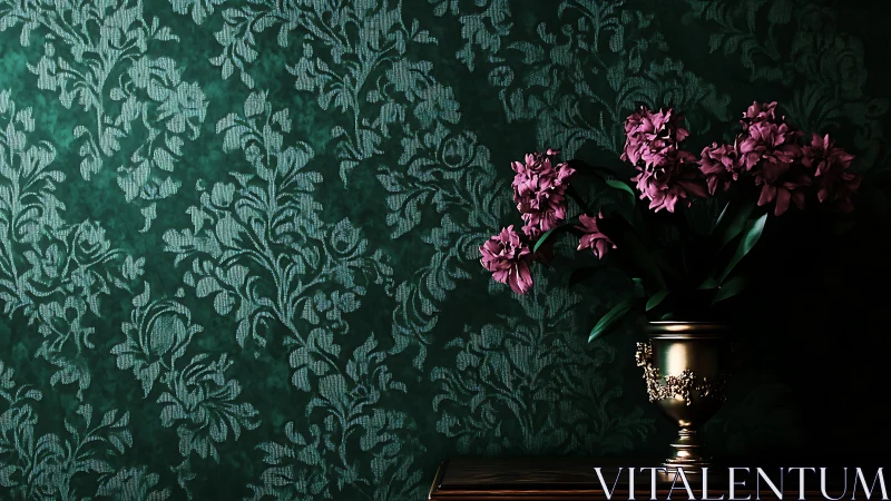 Velvet wallpaper ballroom hosting a lone gilded bouquet.