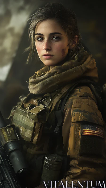 Young female soldier in tactical gear portrait scene.