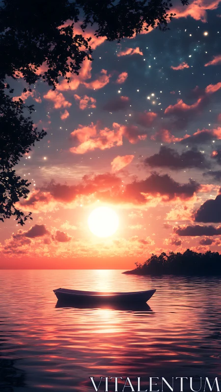 Solitary rowboat under radiant sunset and star-strewn sky