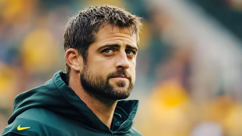 Male athlete in green sports hoodie on blurred stadium field.