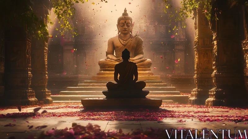 Meditating monk faces golden Buddha statue in sunlit temple