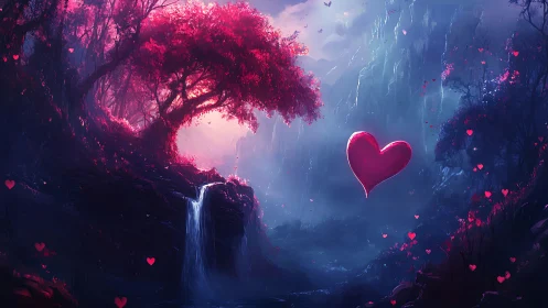 Heart-shaped luminous form hovering above waterfall in vibrant fantasy canyon landscape