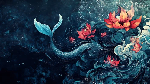 Digital composition shows mermaid tail with floral water forms