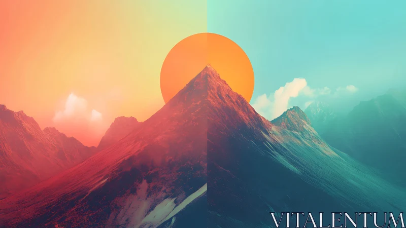 Bipolar mountain summit split by warm and cool chromatic fields.