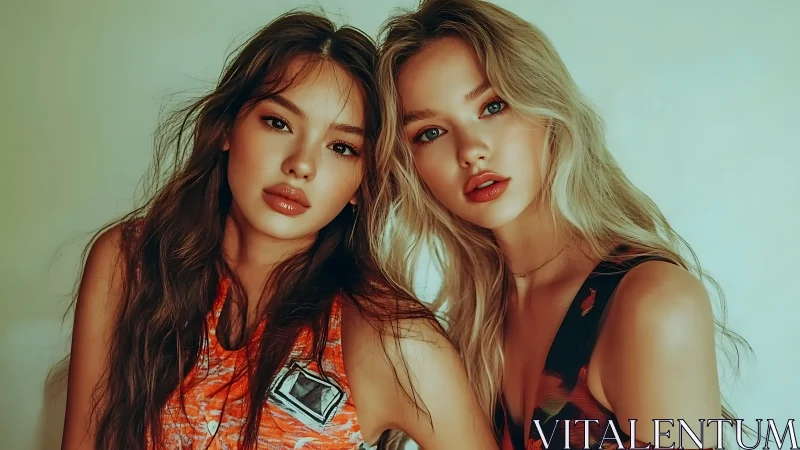 Two young women posed closely against neutral backdrop.