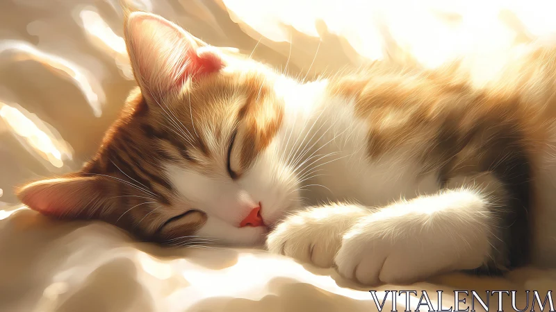 Tabby-White Cat Resting in Golden Sunlight with Closed Eyes