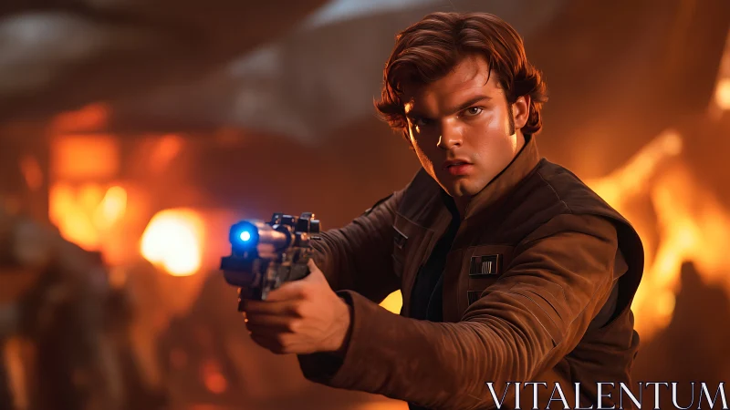 Space hero aims blaster in a fiery, high stakes showdown.