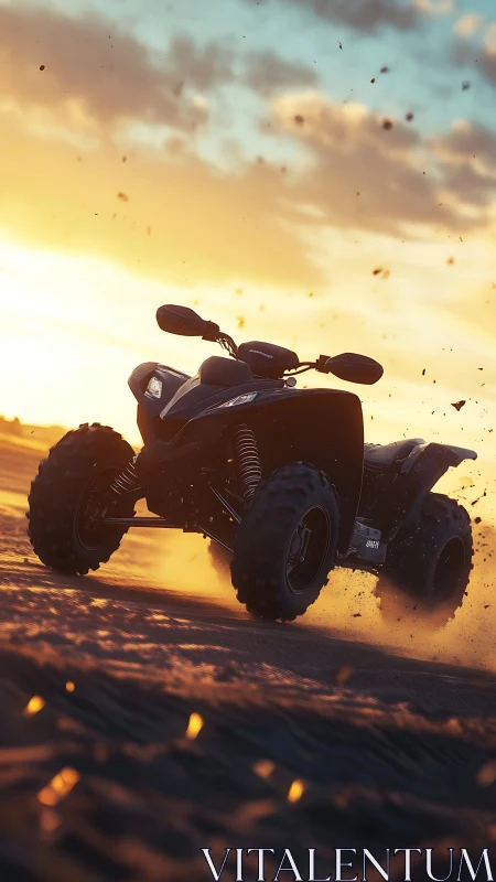 Quad bike traverses sandy terrain under low sunset light