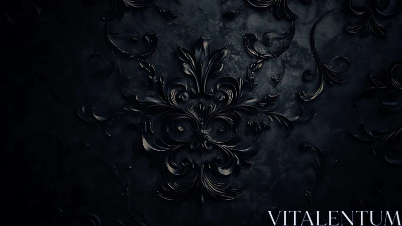 Ornate black baroque floral relief with glossy low-key lighting