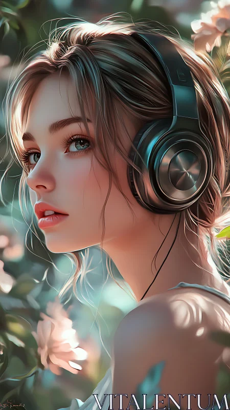 Digital portrait girl with headphones in soft floral light.