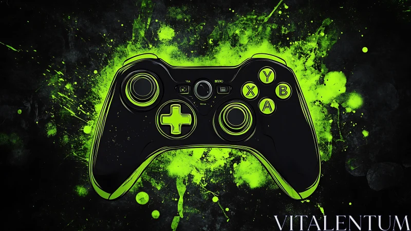 Neon black game controller over toxic green splatter art