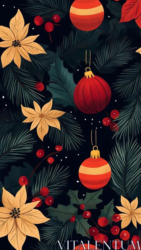 Midnight boughs and crimson baubles in festive hush.