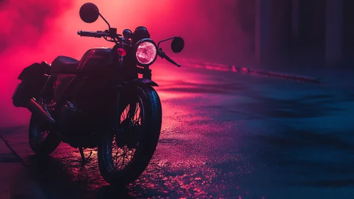 Photorealistic café racer in neon backlit urban nightscape.