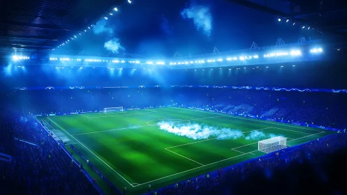 Floodlit football cathedral glowing in electric blue mist.