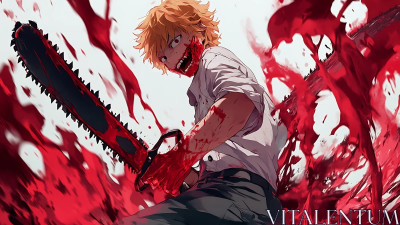 Blood-soaked chainsaw antihero carves chaos in scarlet storm.