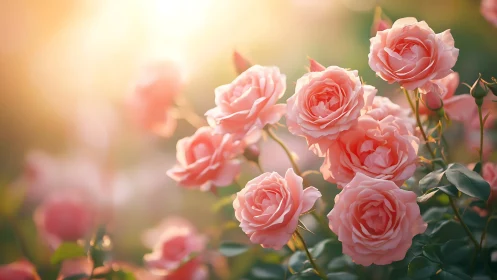 Luminous Pink Roses Glowing in Soft Golden Sunlight.