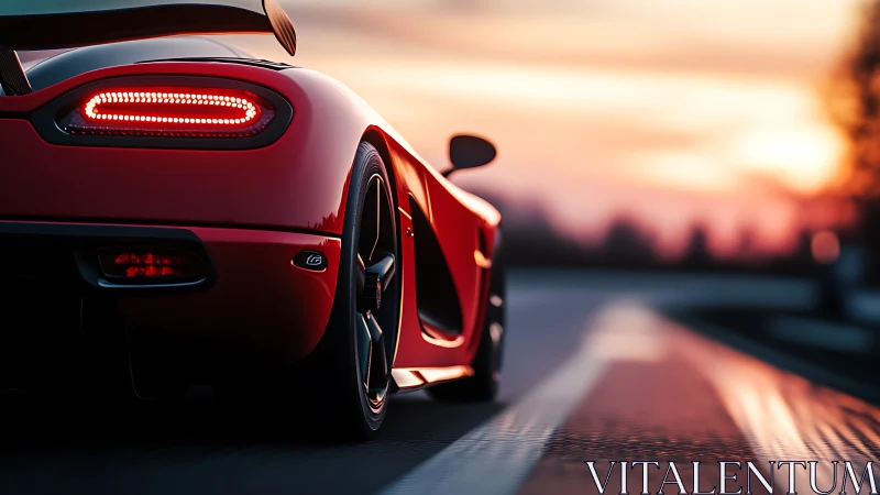 Red supercar glowing at sunset on an open highway.
