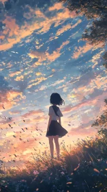 Girl in school uniform stands under vivid sunset sky.