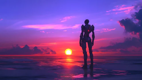 Humanoid robot stands over reflective ocean watching sunset