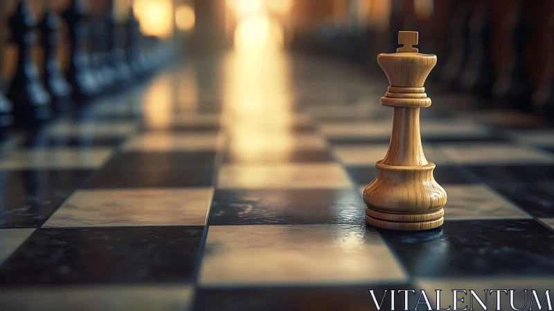 Warm wooden chess king standing ready on glowing board.