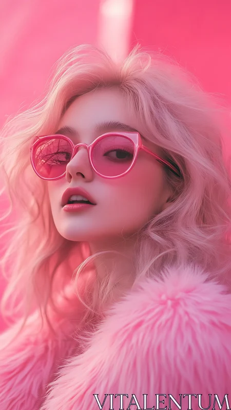 Pink-haired fashion muse in monochrome glam styling.