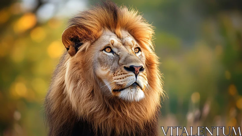 Male lion portrait in soft-focus natural habitat setting.