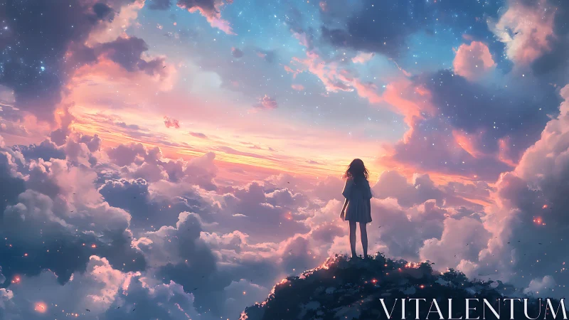 Digital painting of girl above clouds at luminous twilight sky.