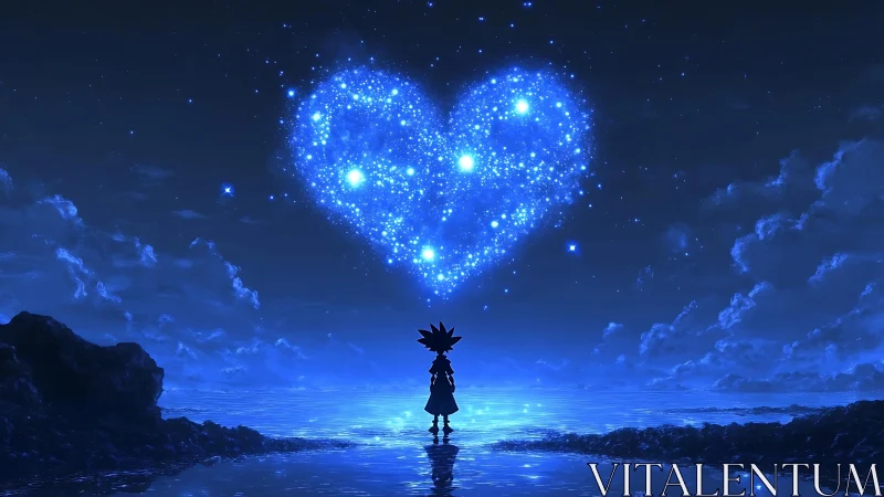 Starry heart over ocean horizon with lone anime figure.