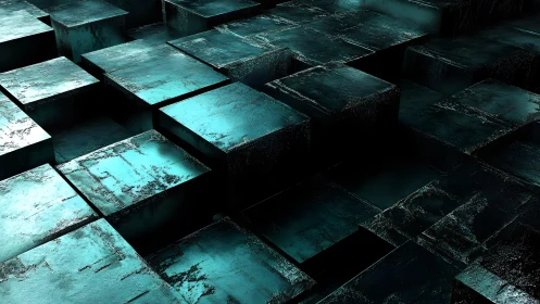 Metallic teal cubes in abstract 3D geometric arrangement, digital art.