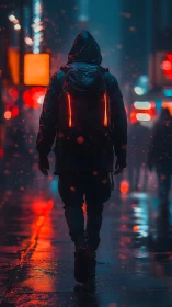 Hooded figure walks neon city street in steady night rain.
