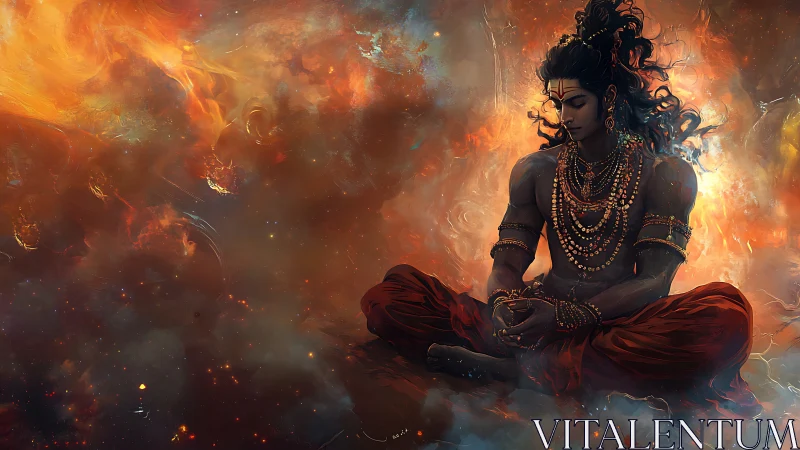 Meditating fire-clad deity amid swirling cosmic embers.