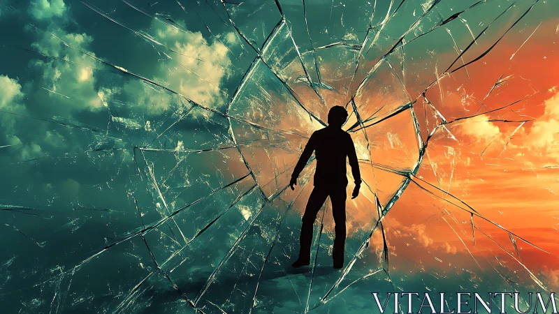 Silhouette breaching chromatic sky through fractured glass portal.