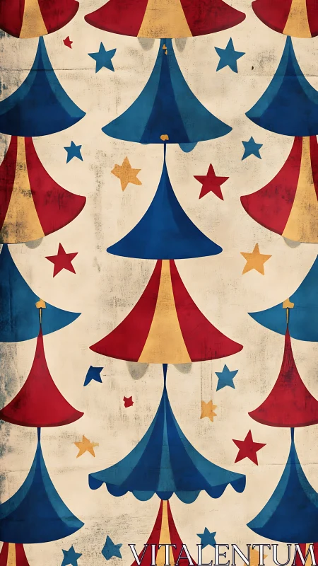 Circus canopy pattern with red blue yellow tents and stars.