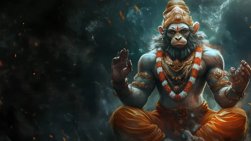 Simian sage in ember mist, crowned with molten stillness.