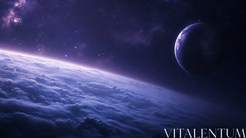 Nebulous cloud oceans lean toward a silent violet moon