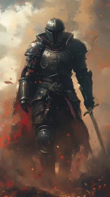 Armored figure holding sword stands amid smoke and embers