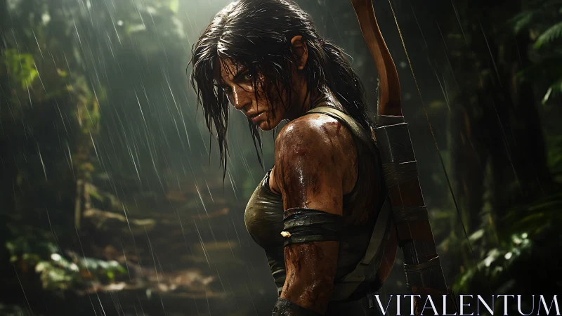 Rain‑scarred jungle huntress pauses in stormlit resolve.