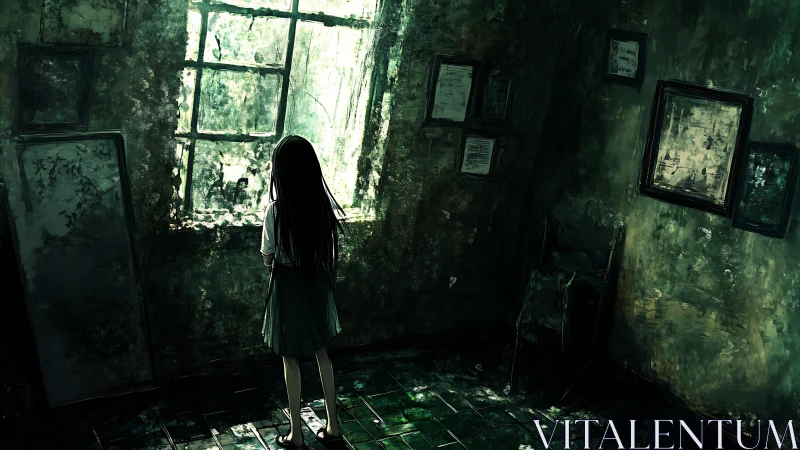 Solitary girl gazes through a ruined window in eerie light