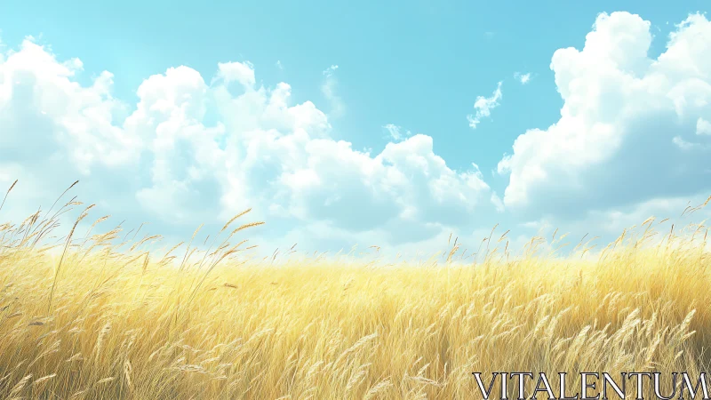 Golden wheat field sways softly beneath bright summer clouds.