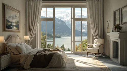 Morning light unravels mountains and lake beyond a quiet bed