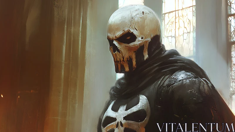 Skull-masked vigilante stands in ruined stained-glass light.