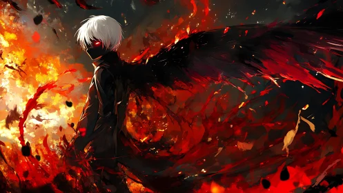 White haired masked figure with black wings in burning sky.